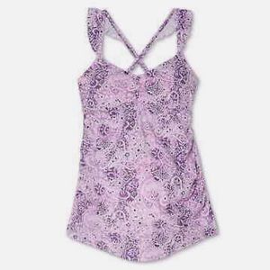 ISABEL Maternity purple Paisley Ruffle Strap Tankini Top size small nwt